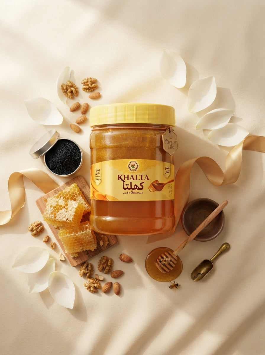 A premium jar of Khalta Royal Gold skincare placed on a cream-colored silk fabric with golden accents and white flower petals