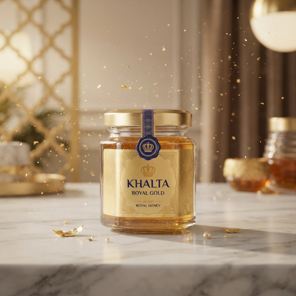 A premium jar of Khalta Royal Gold surrounded by floating gold particles on a marble table in a warm, luxury setting.