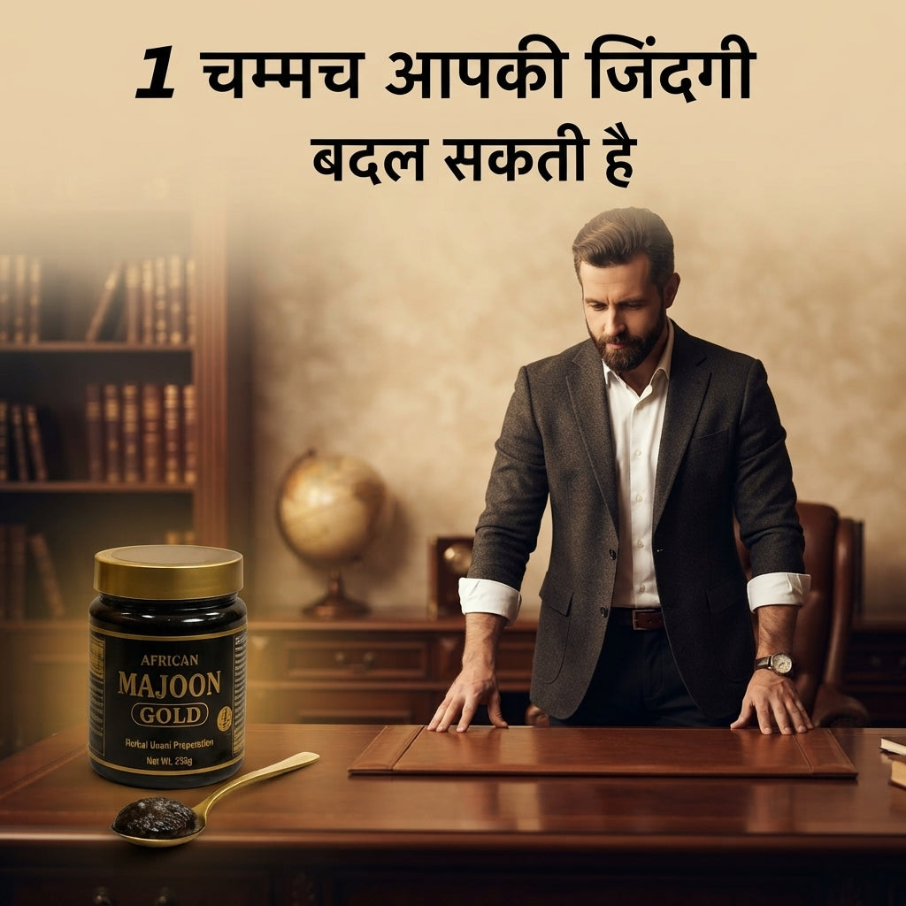 A man standing in a sophisticated study with the Khalta Royal Gold product on a desk, representing strength and masculinity.