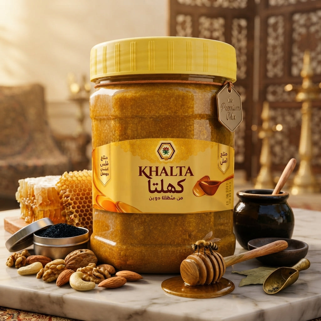 A premium jar of Khalta Royal Gold displayed on a marble surface with natural ingredients in a warm, elegant setting.